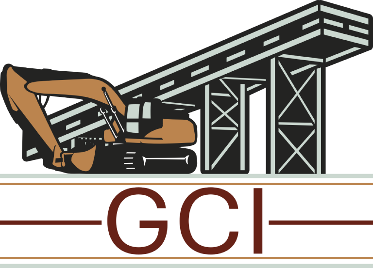 A logo showing an excavator beside a bridge structure, with large maroon letters “GCI” underneath. Thin maroon and gray lines frame the text on top and bottom.
