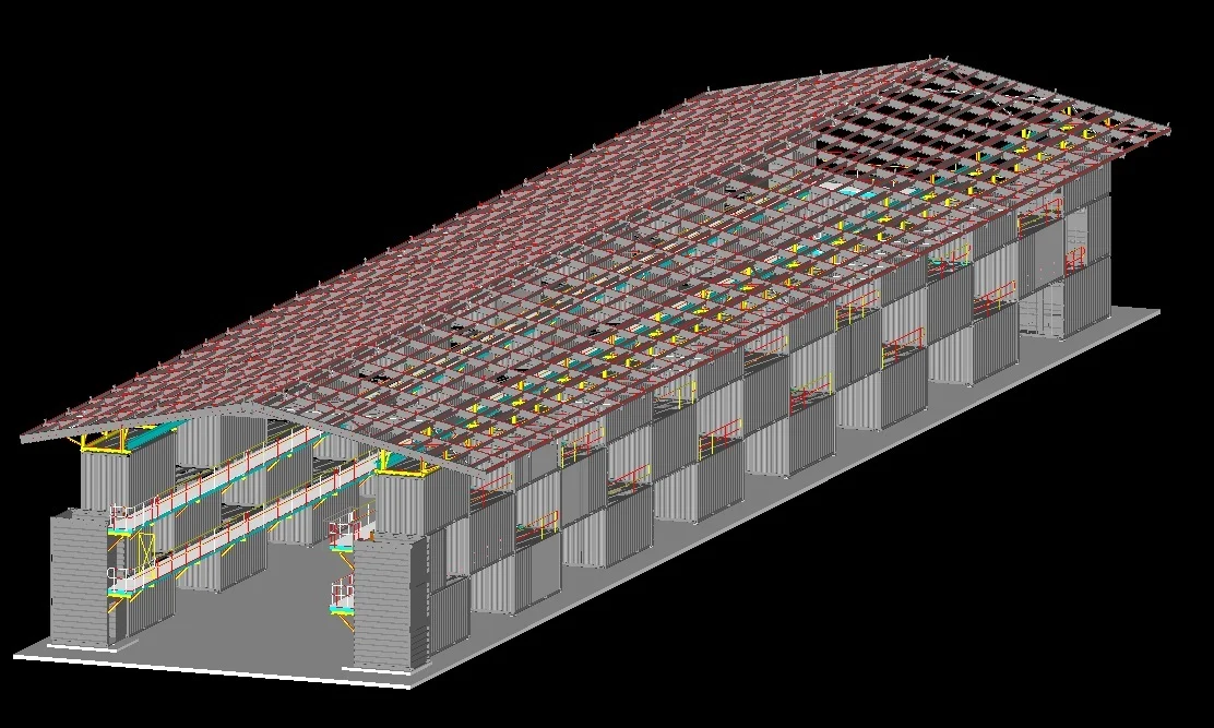 3D model of a large rectangular industrial building with a sloped roof, visible steel framework, concrete columns, and partial wall sections, shown in an isometric view on a black background.